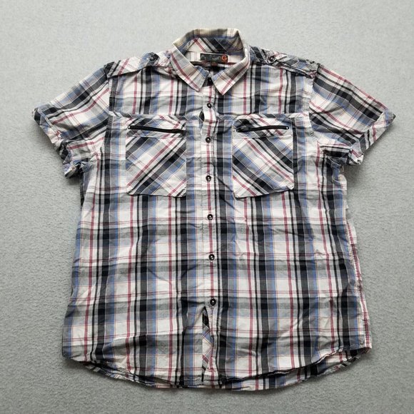 Guess Shirt Mens 2XL Plaid‎ Button Up Pockets Short Sleeve Cotton - Picture 1 of 12